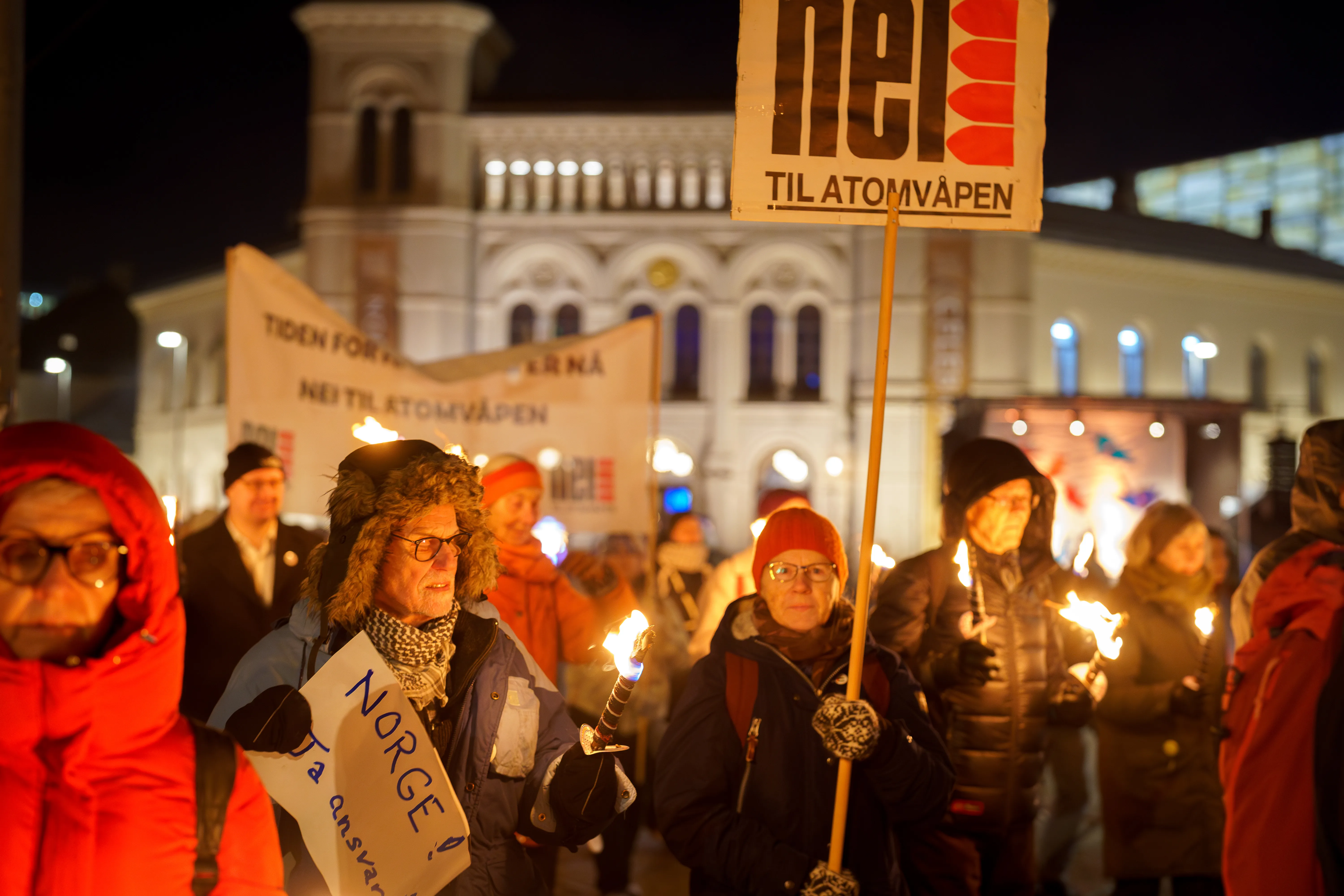 Anti-nuclear campaigners at the 2024 Nobel Peace Prize Torchlight Procession in Oslo