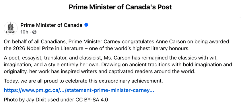 Screenshot of the Prime Minister of Canada’s Anne Carson post, including the credit: Photo by Jay Dixit used under CC BY-SA 4.0.