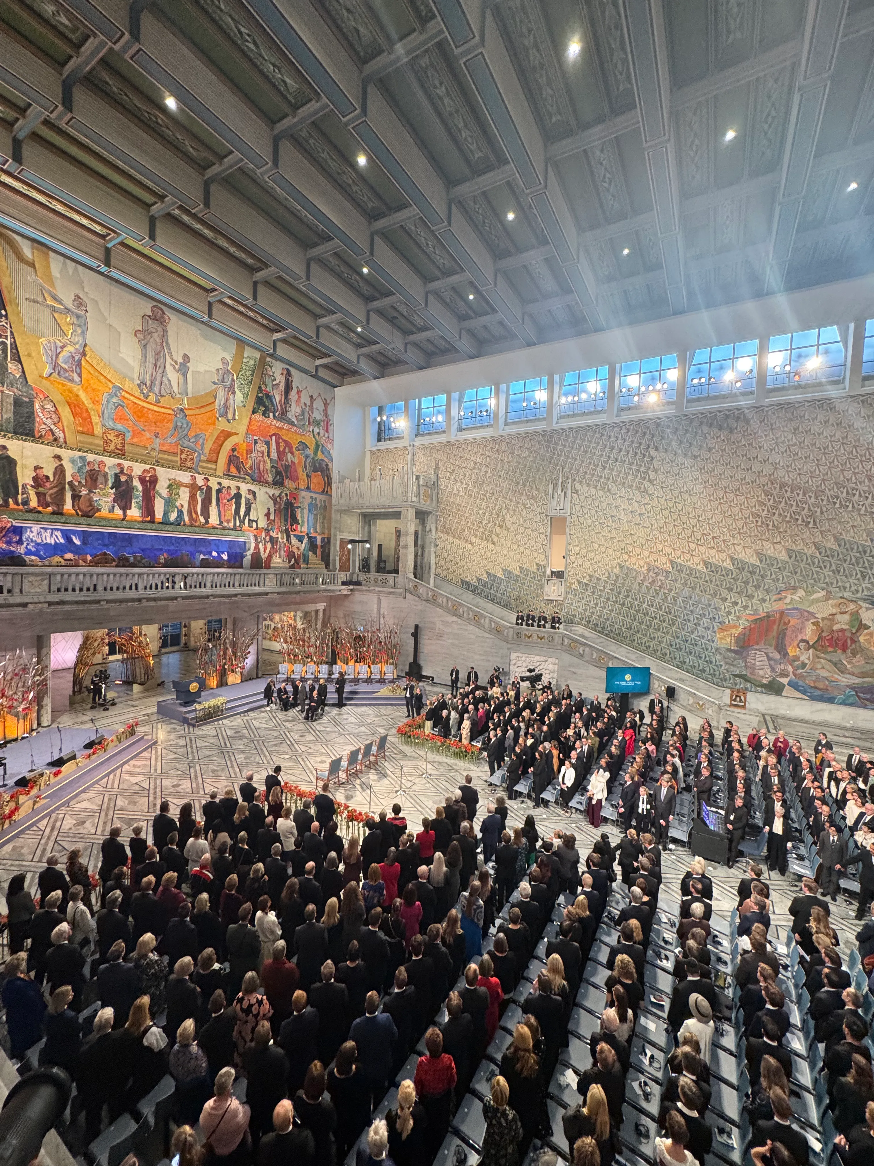 A high-angle view of the 2024 Nobel Peace Prize Ceremony inside Oslo City Hall