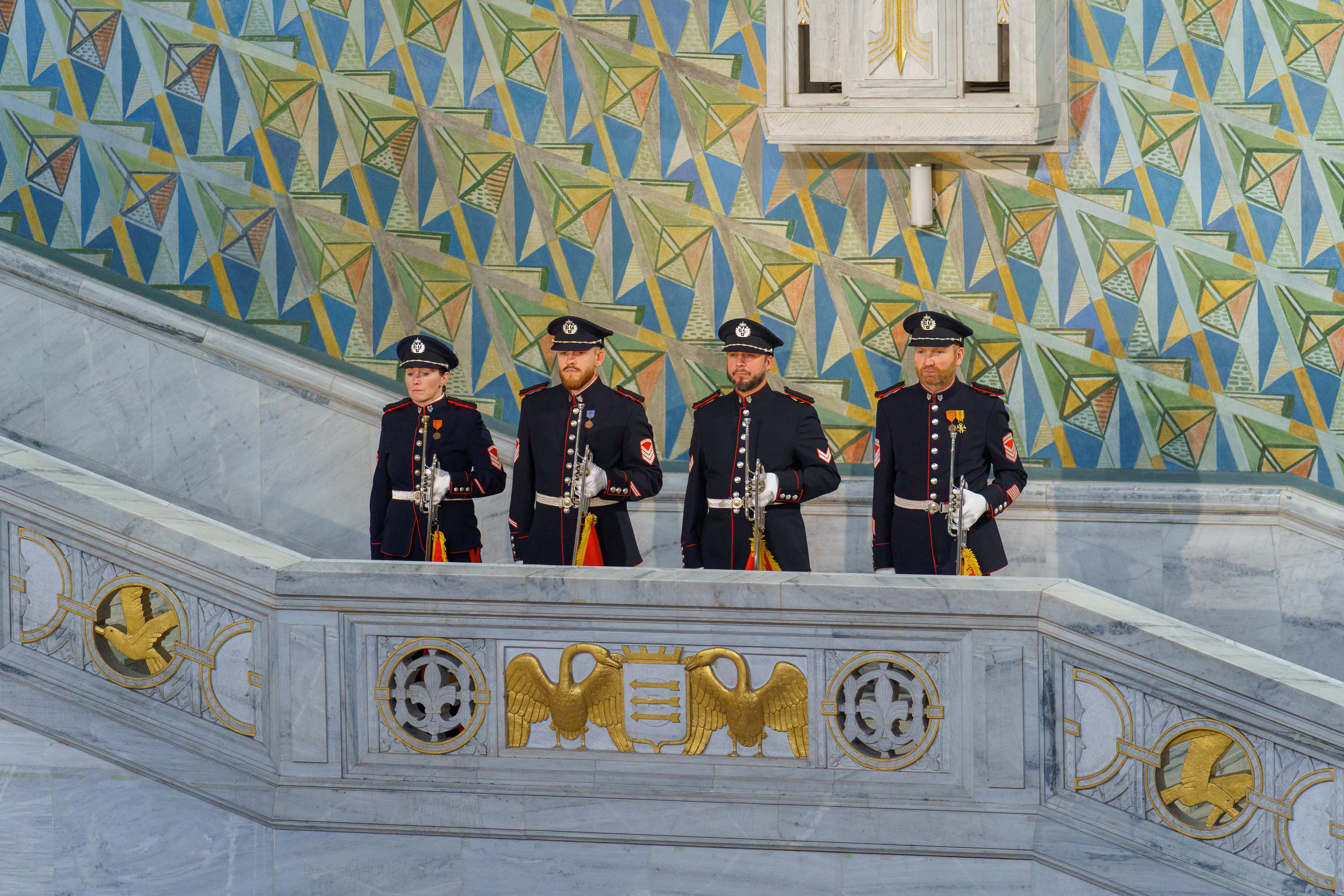 Ceremonial guards inside Oslo City Hall during the 2024 Nobel Peace Prize Ceremony