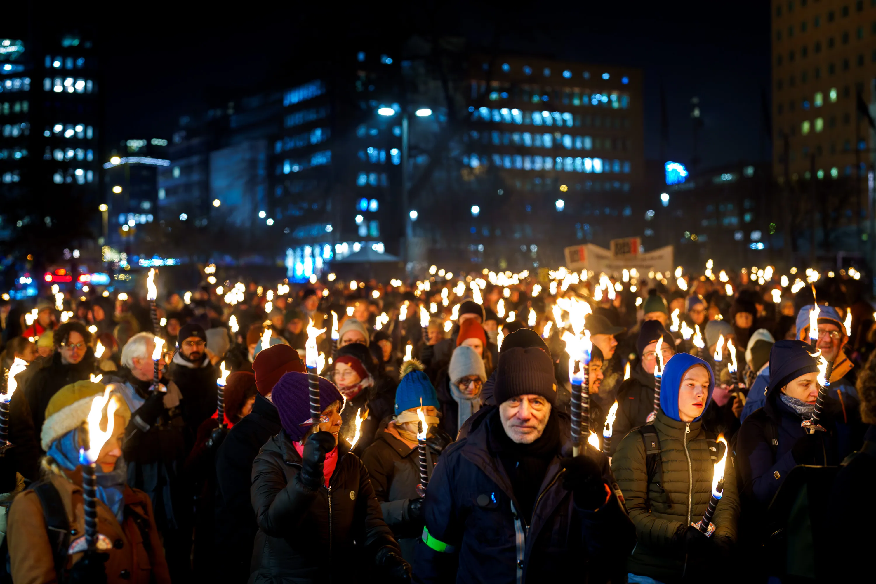 A torch-bearing crowd at the 2024 Nobel Peace Prize Torchlight Procession in Oslo