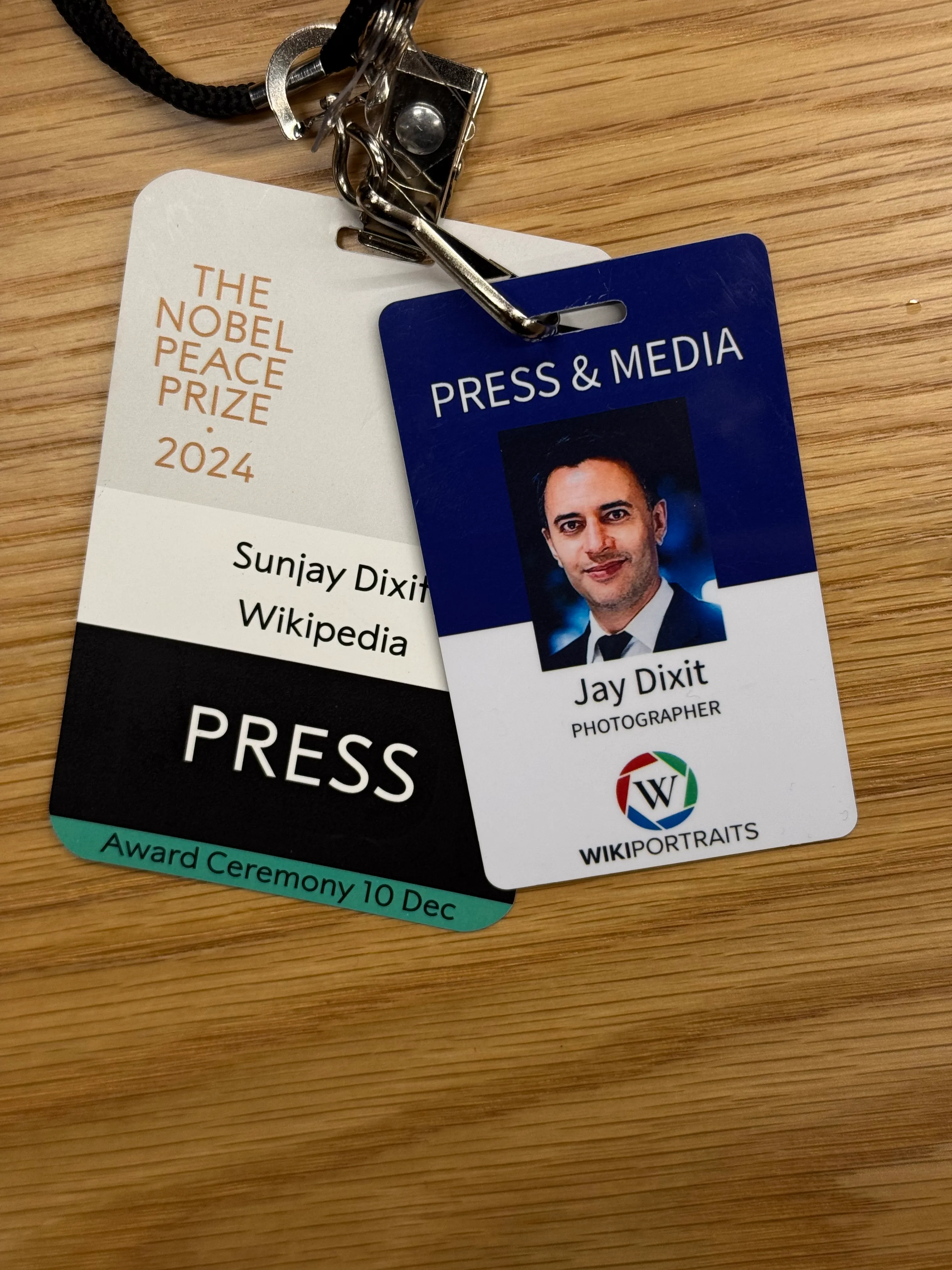 Nobel Peace Prize and WikiPortraits press credentials belonging to Jay Dixit